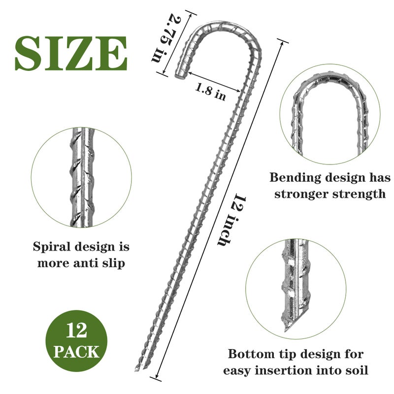 Toopify 12 Pack Rebar Stakes, 12 Inch Heavy Duty J Hook Galvanized Ground Anchors, Anti Rust Metal Steel Tent Stakes Garden Fence Stakes, Silver - Image 2